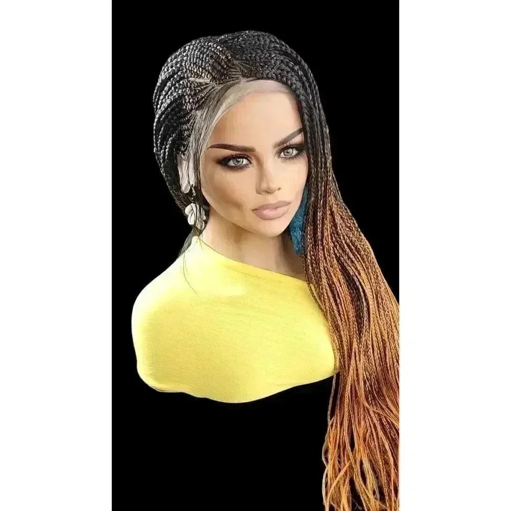 Handmade Auburn Ombre Braided Lace Wig -Box Braids & Cornrows | High-Quality NWT